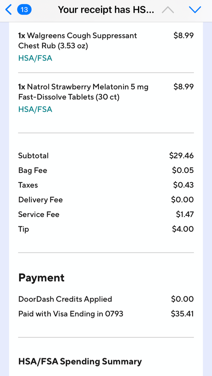 DoorDash FSA / HSA Itemized Receipt