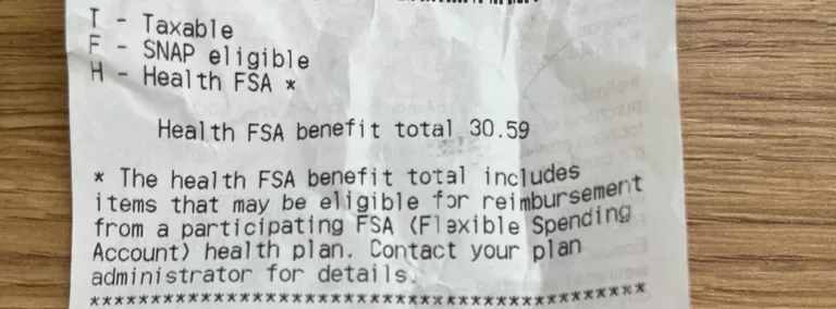 Rite Aid Store Receipt shows your Health FSA benefit total at the bottom of the receipt, before your store survey.
