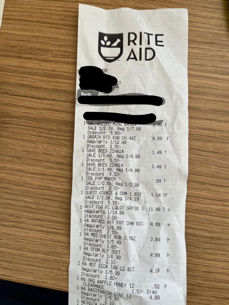 Rite Aid Receipt that shows where you need to look to identify which items are FSA and HSA eligible